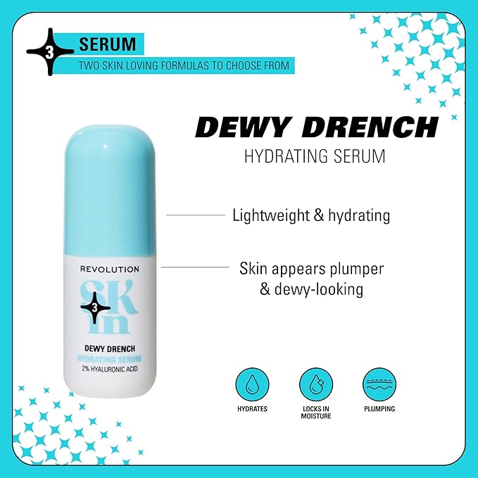 Revolution Skin, Dewy Drench 2% Hyaluronic Acid Hydrating Face Serum, Lightweight Formula & Plumps Skin, Vegan & Cruelty-Free, 1.01 fl oz