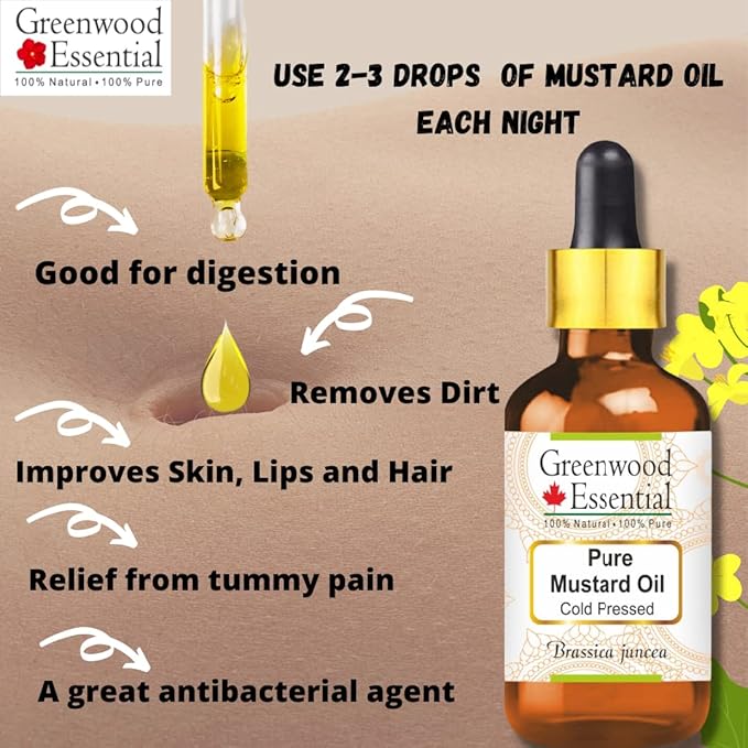 Greenwood Essential Mustard Oil (Brassica juncea) | Cold Pressed | Natural | Undiluted | for Diluting Essential Oils | for Skin & Massage | Men & Women | 200ml (6.76 oz)