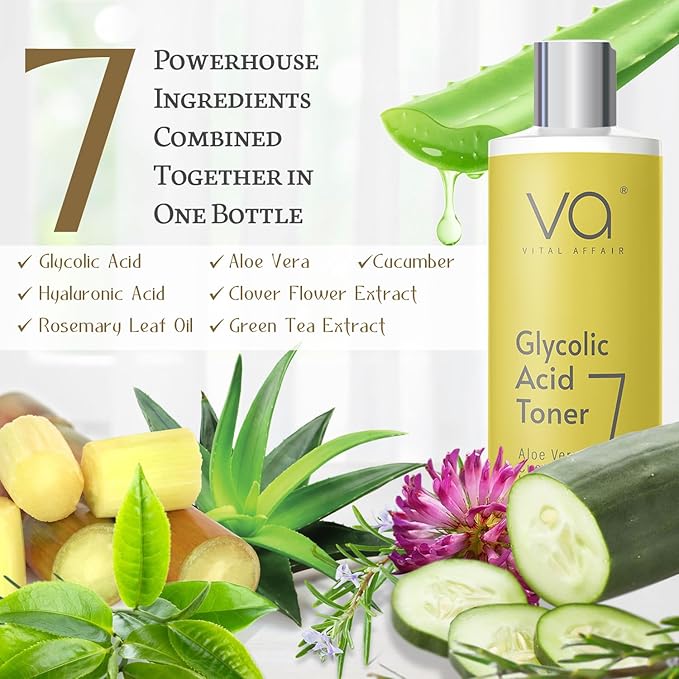 Glycolic Acid Toner for Face - Age Defying, Pore Minimizer for Face, Exfoliating Toner - with Aloe Vera, Cucumber, Hyaluronic Acid - AHA Toner - Alcohol Free Toner-for All Skin Types-By Vital Affair.