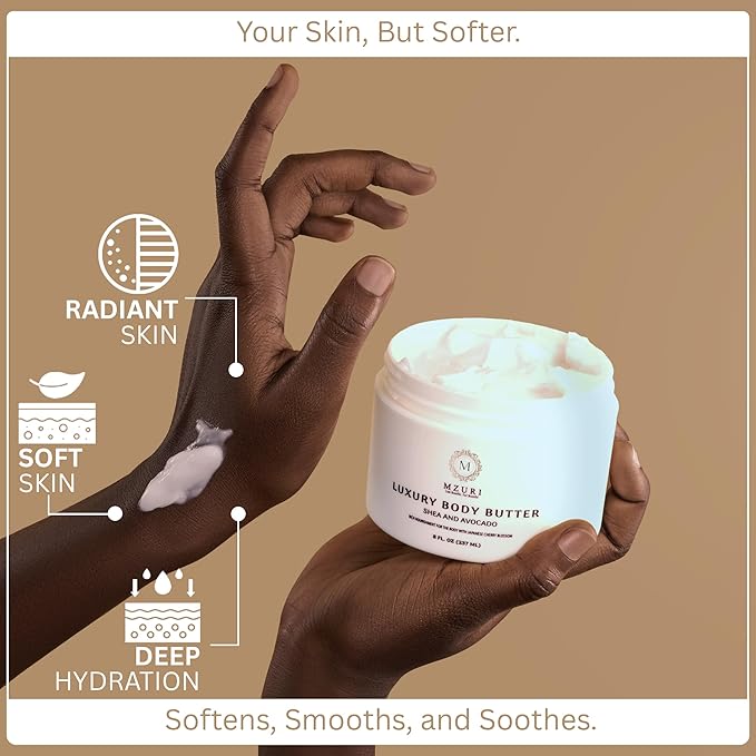 MZURI Body Butter, Whipped Shea and Avocado Blend, Fast-Absorbing, Deep Moisturizing Cream with Essential Oils, Non-Greasy, Natural Skincare for Dry, Glowing Skin, Organic Butter - 8 Fl. Oz