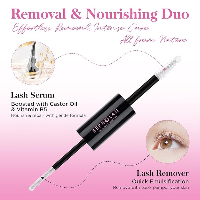 BEPHOLAN Lash Glue Remover &Lash Essential Serum, Bond & Seal Adhesive Removal, Organic Castor Oil for Longer Thicker Lashes,Non-Irritating for Sensitive Eyes, Eye Makeup & Mascara Removal