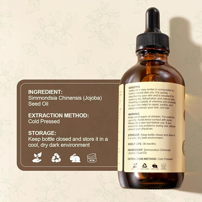 Yoken 4oz Jojoba Oil (EWG Verified) 100% Pure Cold Pressed Jojoba Oil for Face, Hair, Nails and Skin, Unrefined & Hexane Free, Natural Body Facial Moisturizer Multi-purpose oil Base Carrier Oil