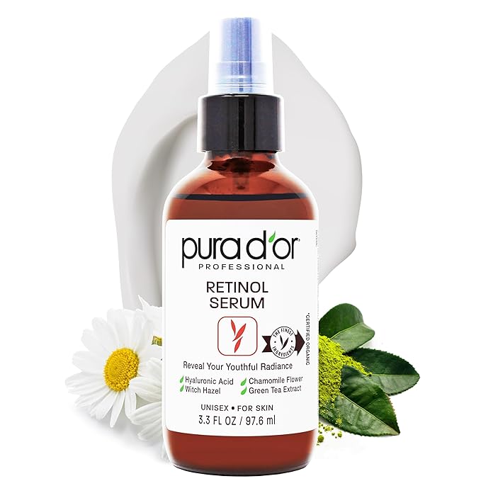 PURA D'OR Retinol Serum Nighttime Facial Skincare – 3.3 oz Overnight Treatment Featuring Aloe Vera Botanical Extracts, Lightweight Fast-Absorbing Hydration for Smoother-Looking Texture, Tone, Radiance