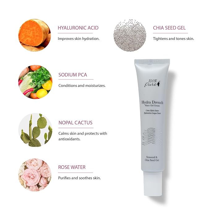 100% PURE Hydra Drench Cream, Daily Face Moisturizer with Hyaluronic Acid, Rose Water, Skin Care for All Skin Types, Natural Face Cream - 1.4 Fl Oz