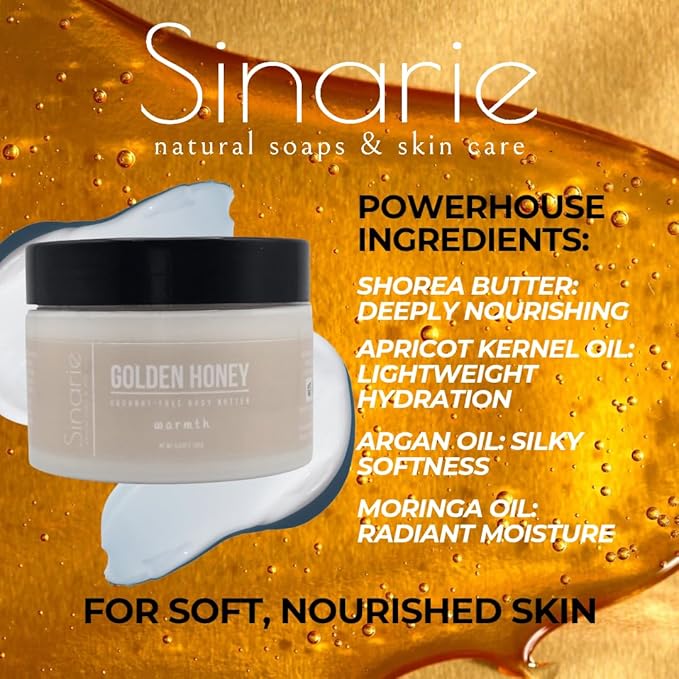 Sinarie Coconut-Free Body Butter | Luxurious Hydration with Shorea Butter, Evening Primrose Oil, Argan & Moringa Oil | Non-Greasy, Natural Ingredients | For Sensitive Skin (5.3 oz., Golden Honey)