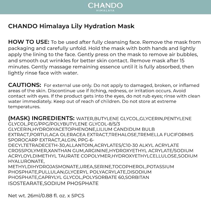 CHANDO HIMALAYA Lily Hydration Sheet Mask (26mlx5PCS) - Deeply Moisturizing Mask with Lilium Candodum Bulb Extract & Portulaca Oleracea Extract for All Skin Types