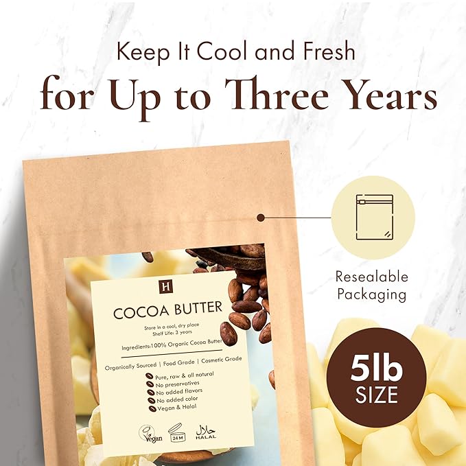 HalalEveryDay Raw Cocoa Butter 5 lb – Food Grade & Cosmetic Grade, Unrefined Organic Cocoa Butter Chunks for Baking, Lotion, Body Butter, Lip Balm & DIY Skincare