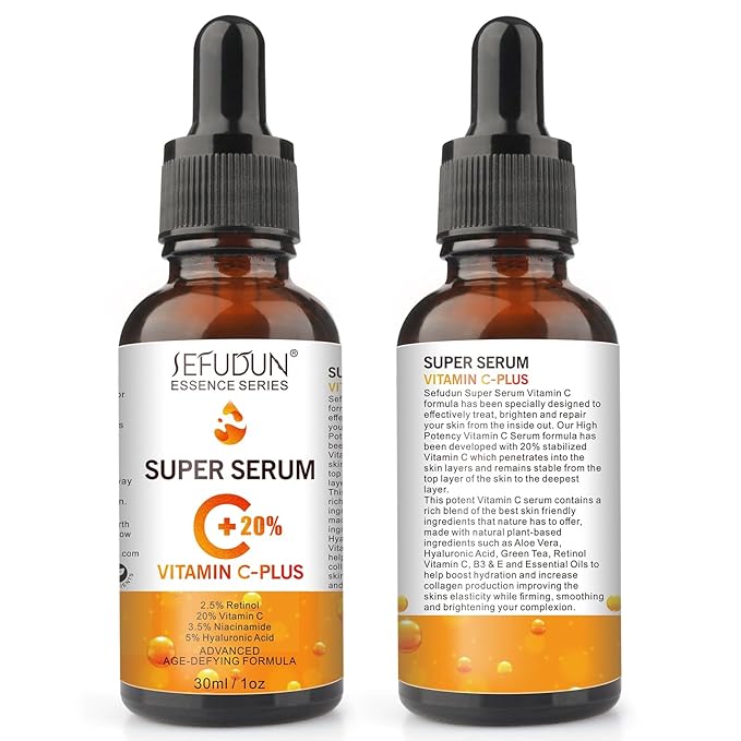 Vitamin C Serum, 20%, Retinol, Anti-Aging, For dark spots, Face Serum with Hyaluronic Acid, 1oz
