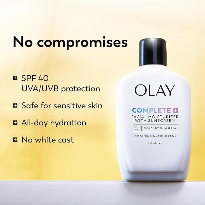 Olay Complete+ Face Moisturizer with Sunscreen SPF 40,For Sensitive Skin,Broad Spectrum Sun Protection,Fragrence-Free-No White Cast on All Tones,Nourishes Moisture Barrier-Ceramides,6 Oz,(Pack of 2)