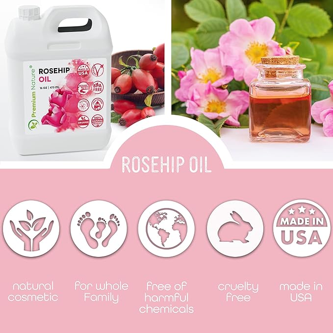 Premium Nature Rosehip Oil For Face for Women, Rosehip Seed Pure Cold Pressed Unrefined For Hair and Nails Skin Care Moisturizer, Rose Hips Face Oils and Serums 16 oz
