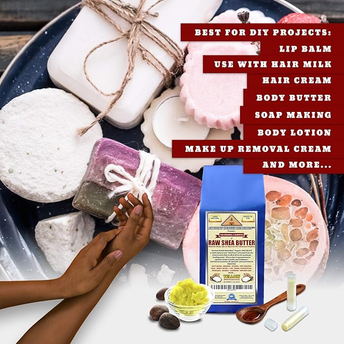 Ancient Health Remedies Organic Unrefined Raw AFRICAN YELLOW SHEA BUTTER 1 LB (16 oz) BLOCK Grade A for Anti Aging, Dry Skin, Base for DIY Body Butter, Beauty, Skin Moisturizer & Hand Cream (GHANA)