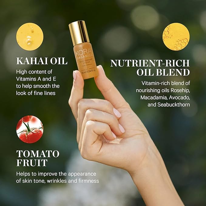 KORA Organics Noni Radiant Eye Oil with Rose Quartz Roller Ball Applicator, Under Eye Roller Serum That Helps Reduce Puffiness, Dark Circles & Wrinkles, Certified Organic, Cruelty Free, 0.34 fl oz