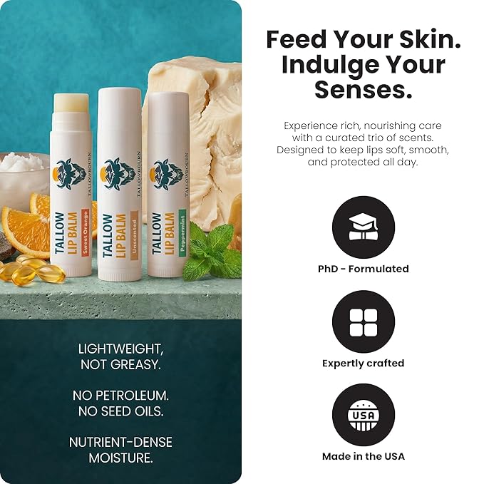 Moisturizing Tallow Lip Balm – Grass-Fed Beef Tallow with Organic Coconut Oil, Beeswax, and Vitamin E – Lip Balm Set – Variety Pack – Travel Essential – 3-Pack