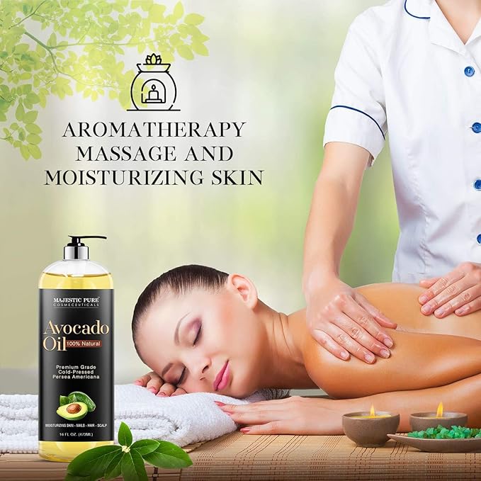 Majestic Pure Avocado Oil - 100% Pure & Natural - Premium Grade, Cold-Pressed, Hexane-Free Carrier Oil for Skin, Hair and Body - Moisturizing Skin, Hair and Scalp - 16 Fl Oz