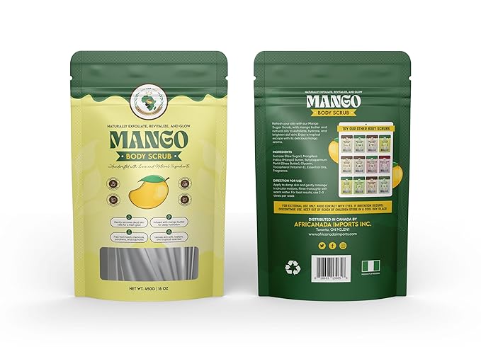 Afro Authentic Mango Sugar Scrub with Shea Butter – Natural Exfoliating Body Scrub | Deep Hydration & Glow | Tropical Scent | Resealable Bag | 450g / 16oz