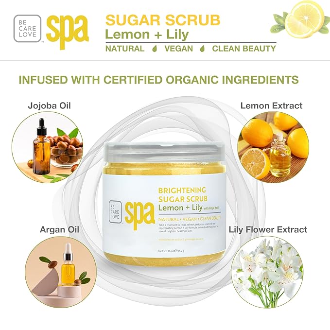 BCL Spa Lemon Lily Sugar Scrub - Professional Radiance-Boosting Body Scrub for Dull Skin, Self Care Body Exfoliator, Made in USA, 16 oz