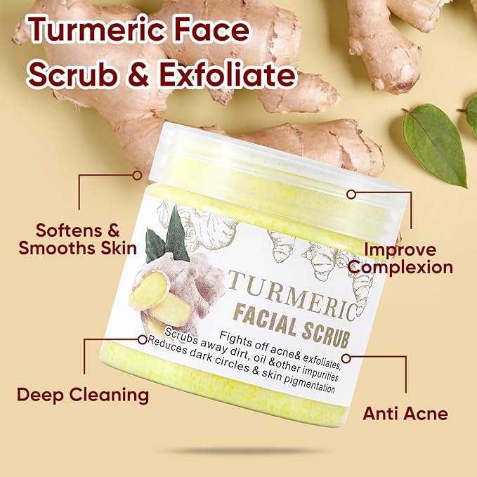 Facial Scrub, Exfoliating Turmeric Scrub and Skin Exfoliator, Deep Cleansing Face Wash Cleanser for Women, Glow Skin Face Scrub for Moisturizing, Nourishes, Dark Spots