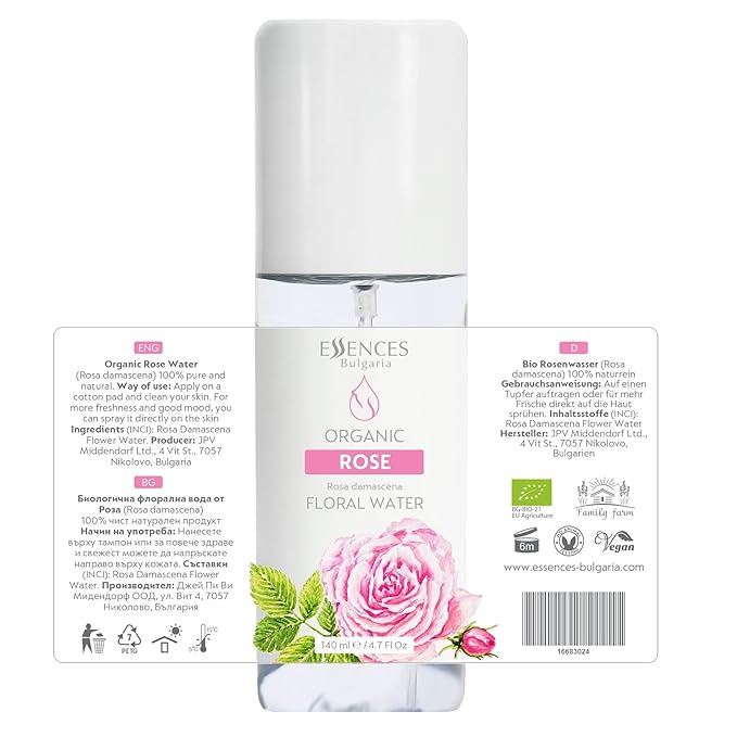 Essences Bulgaria | Organic Rose Floral Water 4.7 Fl Oz | 140ml | Rosa damascena | 100% Pure and Natural | Anti-Age Refreshing Beauty Mist | Alcohol-Free | Makeup Remover | Hydrating | Vegan