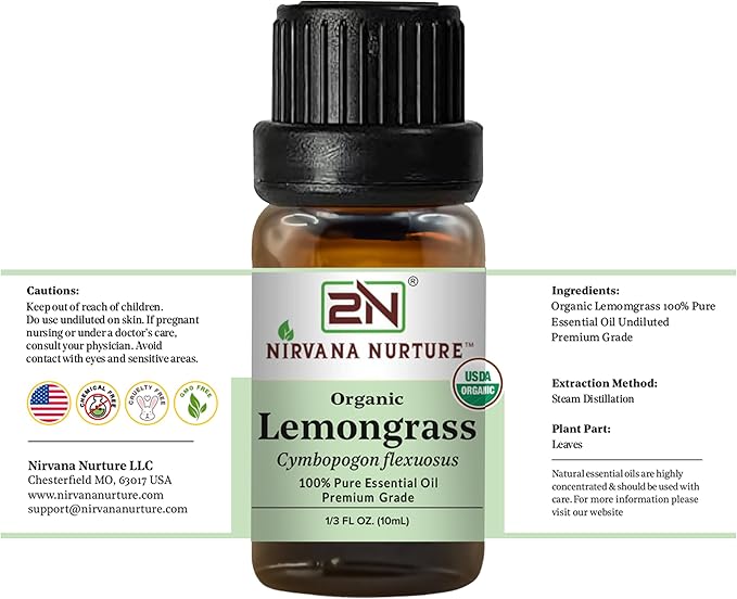 Lemongrass Essential Oil, USDA Certified Organic, 100% Pure Undiluted, Aromatherapy Oil for Diffuser, Hair & Skin Care