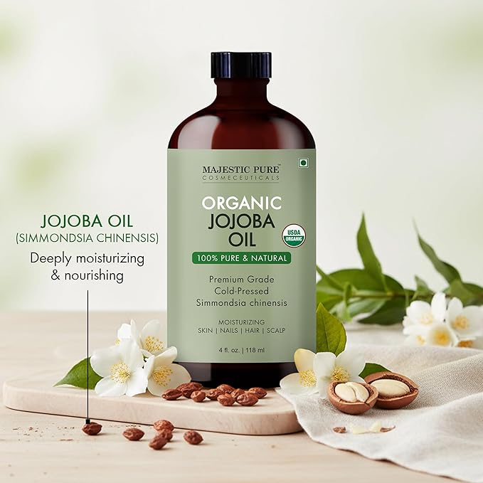 Majestic Pure Organic Jojoba Oil - 100% Pure & Natural - Premium Grade, Cold-Pressed, Hexane-Free Carrier Oil for Skin, Hair and Body - Moisturizing Skin, Hair and Scalp -4 Fl Oz