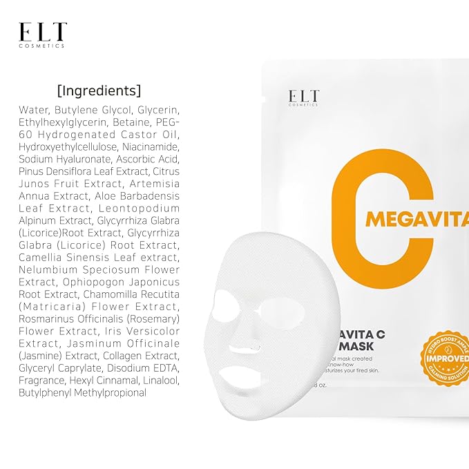 ELT Mega Vitamin C Sheet Mask 10Pack - Brightening, Hydrating, Wrinkle care - Korean Face Mask with Niacinamide, Vitamin C & Hyaluronic Acid - Vegan Skincare Made in Korea (25g/0.88 oz each)
