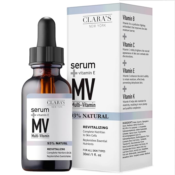 Clara’s New York 95% Natural Multi Vitamin Facial Serum with Vitamin E – Hydrating & Antioxidant Face Serum for Healthy, Glowing Skin – Made in USA 30ml / 1 Fl Oz