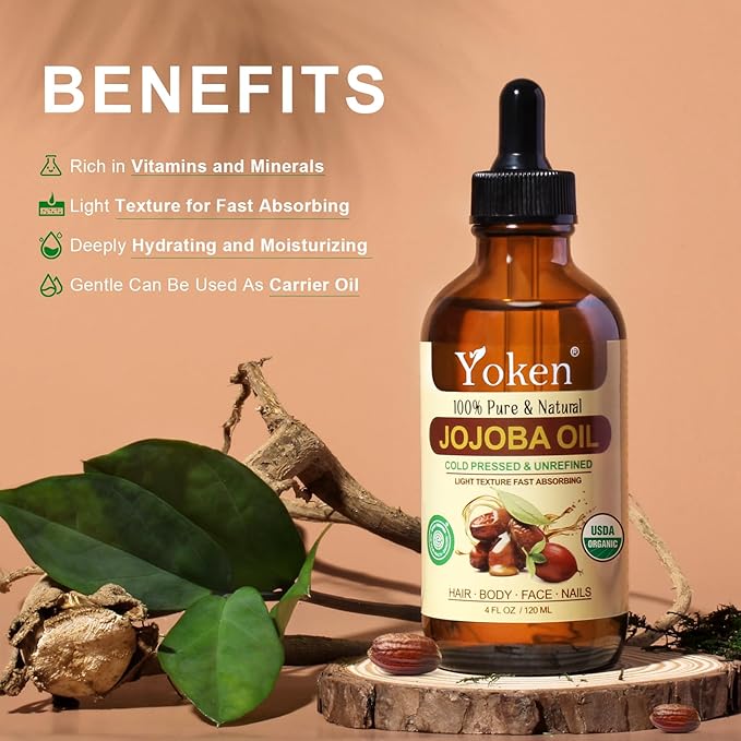 Yoken 4oz Jojoba Oil (EWG Verified) 100% Pure Cold Pressed Jojoba Oil for Face, Hair, Nails and Skin, Unrefined & Hexane Free, Natural Body Facial Moisturizer Multi-purpose oil Base Carrier Oil