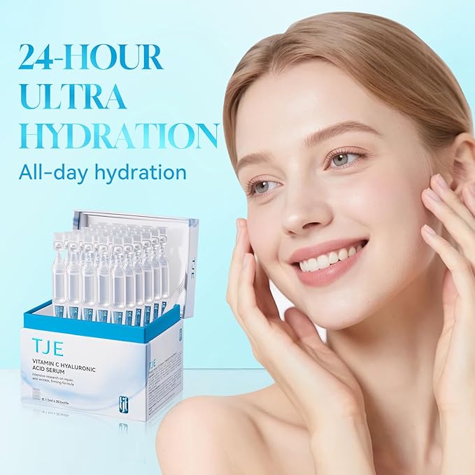 Vitamin C Hyaluronic Acid Serum for Face, Hydrating Facial Serum with 30 Single Use Vials, Lightweight Fast Absorbing Moisture Care for Dry Skin, Pre Makeup Skincare