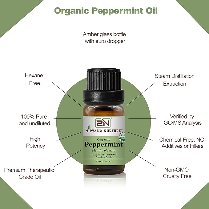 Peppermint Essential Oil, USDA Certified Organic, 100% Pure Undiluted, Aromatherapy Oil for Diffuser, Hair & Skin Care