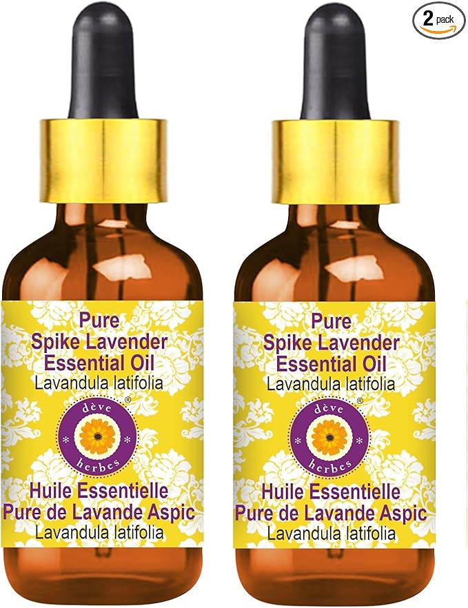 Deve Herbes Pure Spike Lavender Essential Oil (Lavandula latifolia) with Glass Dropper Steam Distilled (Pack of Two) 100ml X 2 (6.76 oz)
