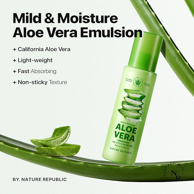 Nature Republic Mild & Moisture Aloe Vera Emulsion – Soothing & Hydrating Facial Moisturizer, Lightweight Non-Sticky Formula, Korean Skincare (5.24 Fl Oz)