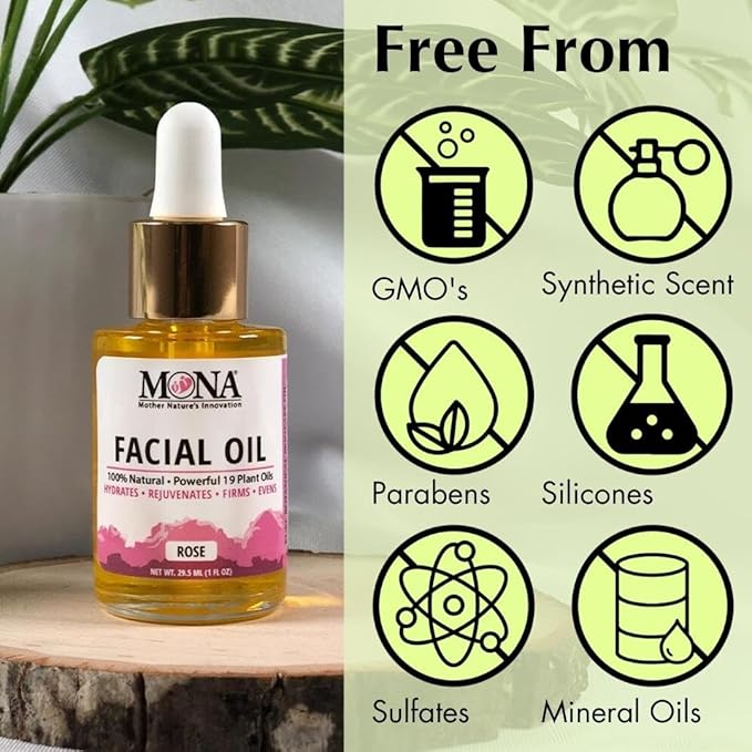 MONA Brands Natural Face Oil with Rosehip, Vitamin E, and Argan Oil | Pure Botanical Skincare | Anti-Aging Oil | All Skin Types | Rose Scented | 1.0 fl oz, Pack of 1