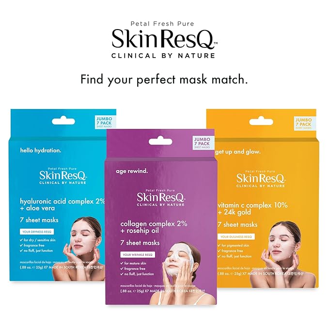 Petal Fresh Skin ResQ Hello Hydration Sheet Mask with Hyaluronic Acid Complex 2% + Aloe Vera, JUMBO 7 Pack, Hydrating Korean Face Mask for Dry & Sensitive Skin, Soothing, Fragrance-Free, Vegan