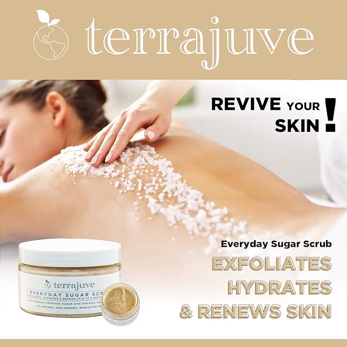 Terrajuve Sugar Scrub - Made of Demerara Sugar and Enriched with Raw Shea Butter Exfoliating Body and Face Scrub Hydrates, and Renews Skin to a Natural Shine Pure, Organic, Made in USA
