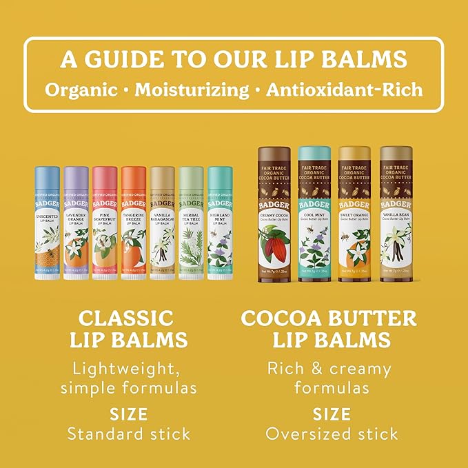 Badger Sweet Orange Cocoa Butter Lip Balm, 100% Organic Lip Balm, Hydrating Long Lasting Lip Moisturizer, Large Stick Lip Care, 4-pack