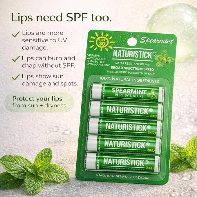 Naturistick UV Pro® Mineral SPF 30 Lip Balm – Spearmint (5-Pack), Broad Spectrum Sun Protection