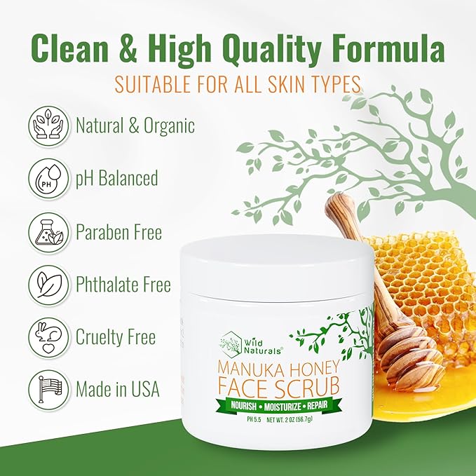 Manuka Honey Face Scrub - Gentle & Natural Blemish Control Exfoliator - Non-Toxic Facial Cleanser for Acne, Eczema, Blackheads, Dry & Sensitive Skin - Hydrating Exfoliating Scrub