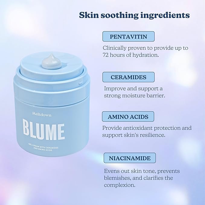 Blume Meltdown Gel Face Moisturizer for Acne Prone Skin - Oil Free Facial Moisturizer with Niacinamide & Centella to Even Skin Tone - 72-Hour Hydration Face Cream with Ceramides & Squalane (1.7 oz)