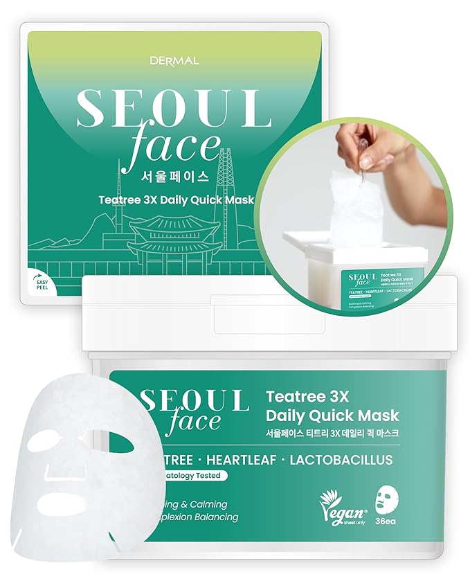 DERMAL Seoul Face Tea Tree & Heartleaf 5-Min Daily Sheet Mask 36 Count Bulk, Korean Calming Pull-Out Dispenser with Tweezers, Lactobacillus Oil Control Face Mask for Redness Oily Acne-Prone Skin