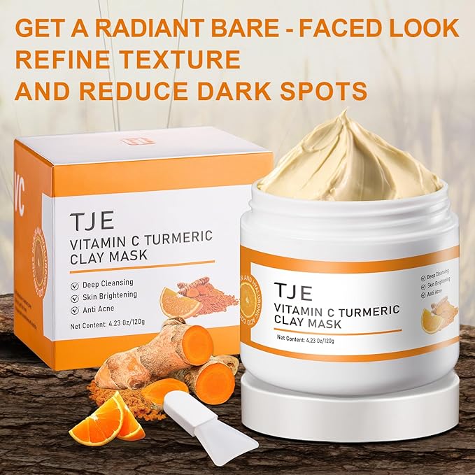 TJE Turmeric Face Mask with Vitamin C, Turmeric Vitamin C Clay Mask for Dark Spots, Dull Skin, Cleansing Pores & Blackheads, Moisturizing & Improve Uneven Skin Tone