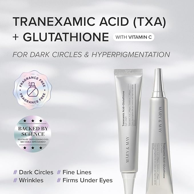 Mary&May Tranexamic Acid + Glutathione Eye Cream (30ml) - Korean Skincare for Dark Circles & Uneven tone - Fragrance-Free Under Eye Cream for Dark Spots & Hyperpigmentation 1.01oz.