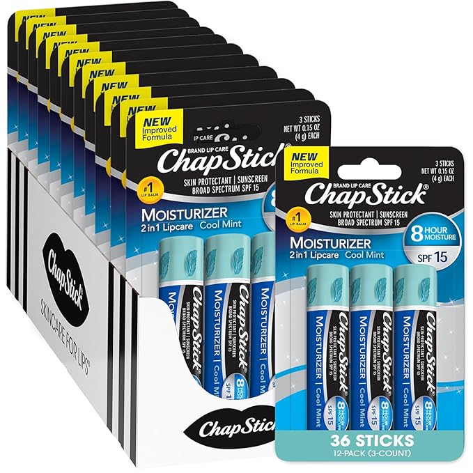 ChapStick Moisturizer 2-in-1 Lipcare SPF 15, Cool Mint, Sunscreen Lip Balm with Aloe Vera and Vitamin E, 0.15 Oz Ea pack of 3 (12) total 36