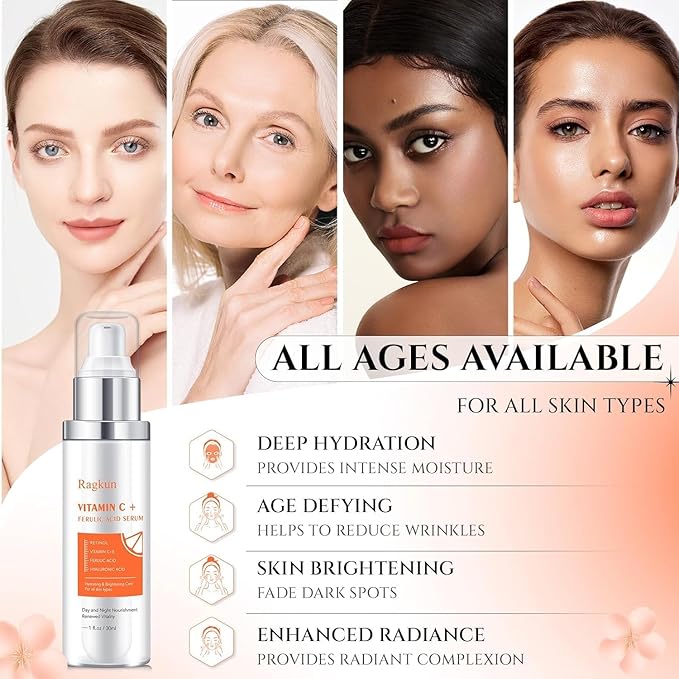 Ragkun 20% Vitamin C Serum, Retinol Serum for Face, Dark Spot Remover for Face, CE Ferulic Acid, Hyaluronic Acid, Hydrate & Plump Skin Care Anti Aging Wrinkle Brightening Skincare -1 Fl Oz.