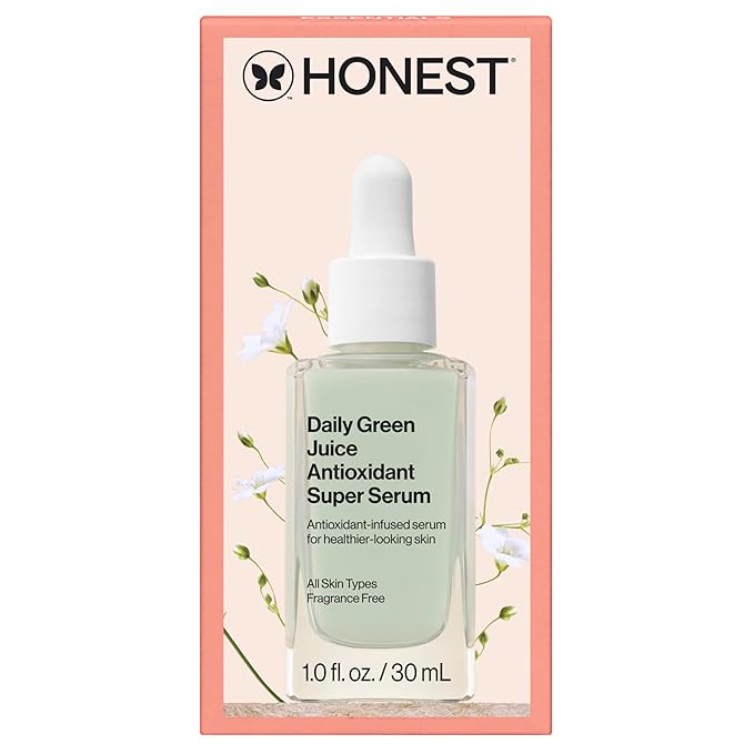 Honest Beauty Daily Green Juice Antioxidant Super Serum, Improves Skin Tone Texture, Gentle for Sensitive Skin, Fragrance-Free Vegan, 1 fl oz