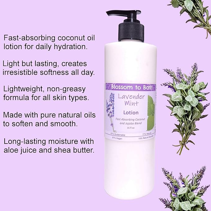 Blossom to Bath Lavender Mint Lotion (16 ounce) - Pure Essential Oil Fragrance - Absorbs Quickly with a Cheerfully Relaxing Scent