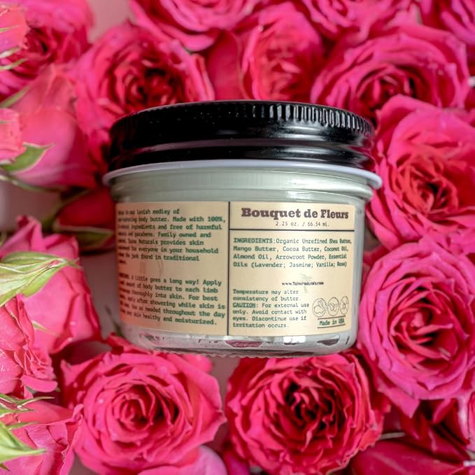 Whipped Body Butter – Bouquet de Fleurs – Floral Scent, Shea & Mango Butter – 100% Natural Moisturizer for Dry Skin – 2.25 oz – Glass Jar