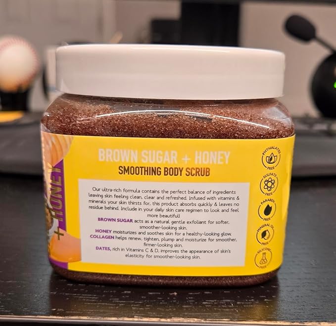 Brown Sugar & Honey Body Scrub - Exfoliating & Hydrating Sugar Scrub With Collagen and Dates to Help Revive, Smooth, and Soften For Radiant Skin, Body Care Exfoliator & Cleanser, 21 oz