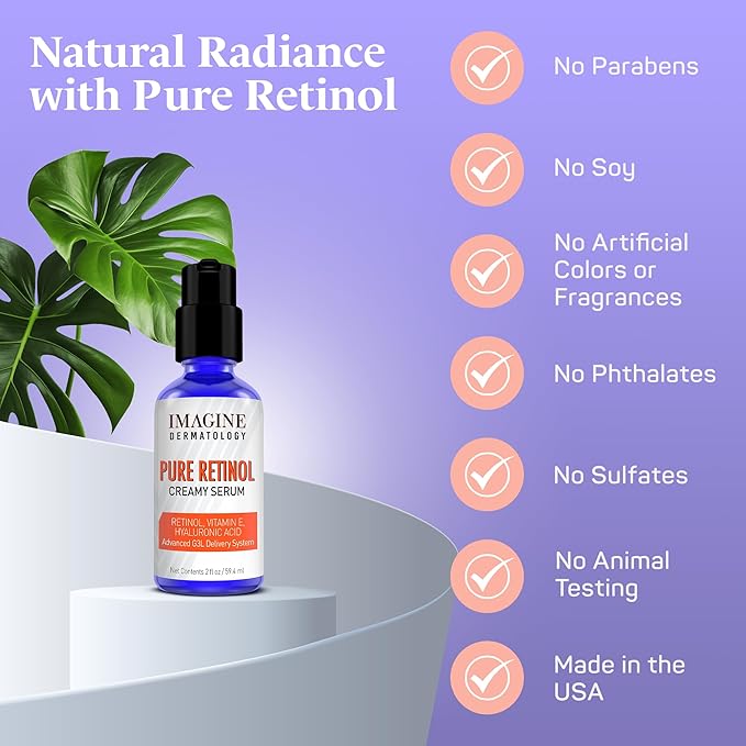 Pure Retinol Creamy Serum LARGE 2oz with Hyaluronic Acid and Vitamin E | Pure Retinol Serum For Face - Unmatched G3L Delivery System - Moisturizer | Made in USA - 2 fl oz/59.4 ml