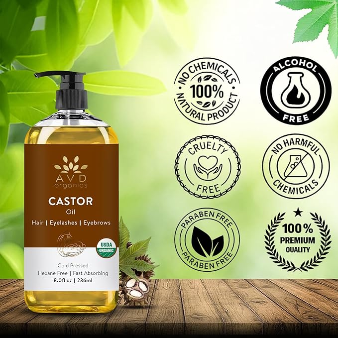 AVD Organics Castor Oil 236 ML– 100% Pure USDA Certified Organic Castor Oil for Hair Growth Big Bottle with Pump (8 oz)