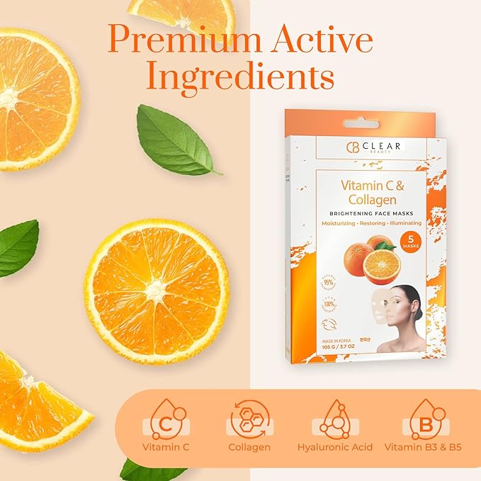 Clear Beauty Vitamin C & Collagen Face Mask - Dermatologist Tested - Diminishes Fine Lines & Wrinkles, Anti-Aging, Natural Ingredients, Cruelty-Free Korean Skin Care - All Skin Types